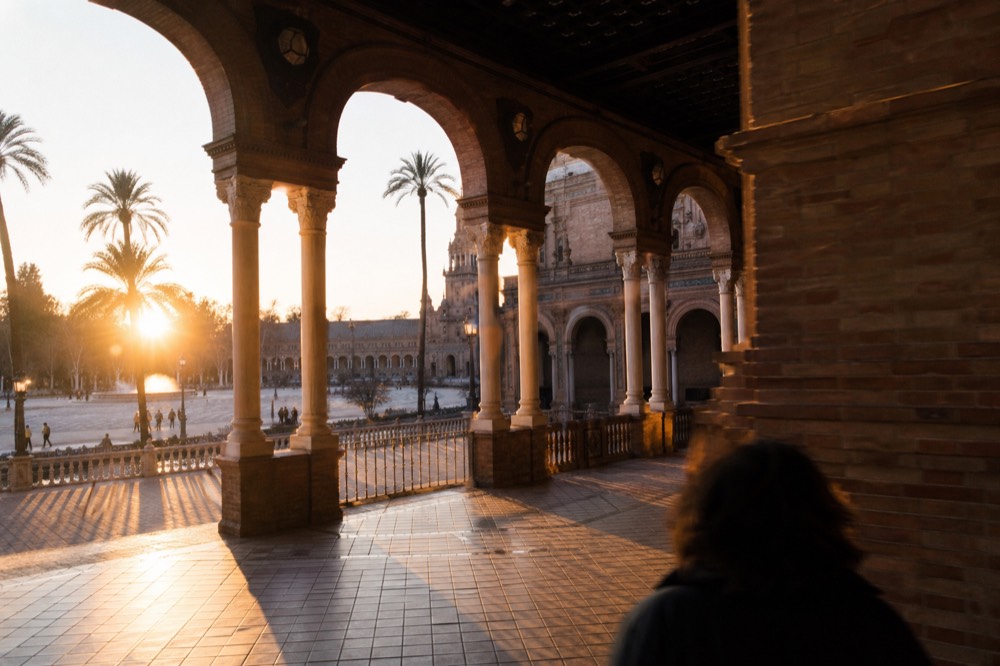 A tiled plaza with tall palms and a colonnaded brick building glowing orange in the last light of the evening