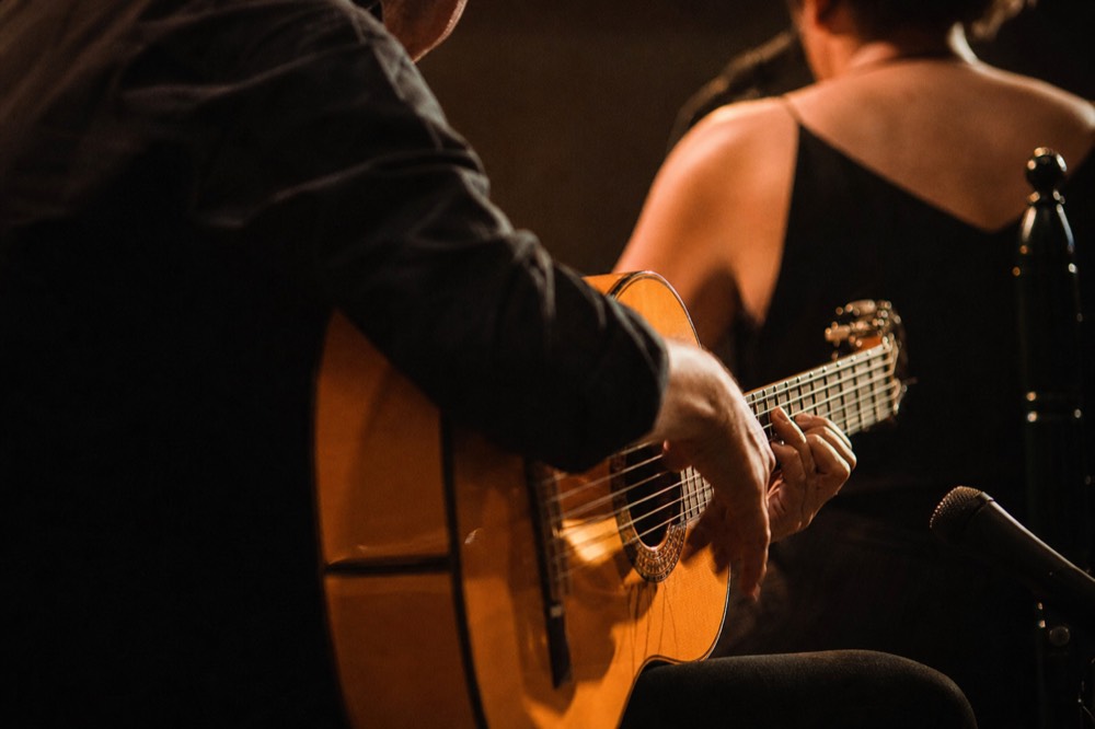 Guitarist's hands on the strings in close crop with a singer's shoulder behind him, faces out of frame, dim warm stage light