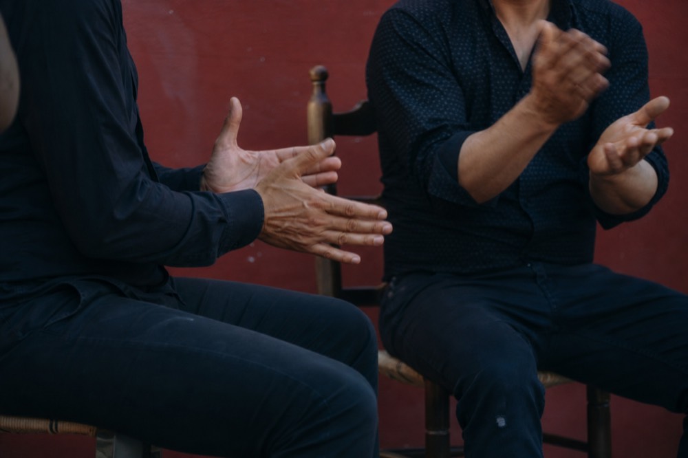 Two seated performers clapping palmas in tight rhythm, hands sharp in focus and faces cropped out, dark red wall behind