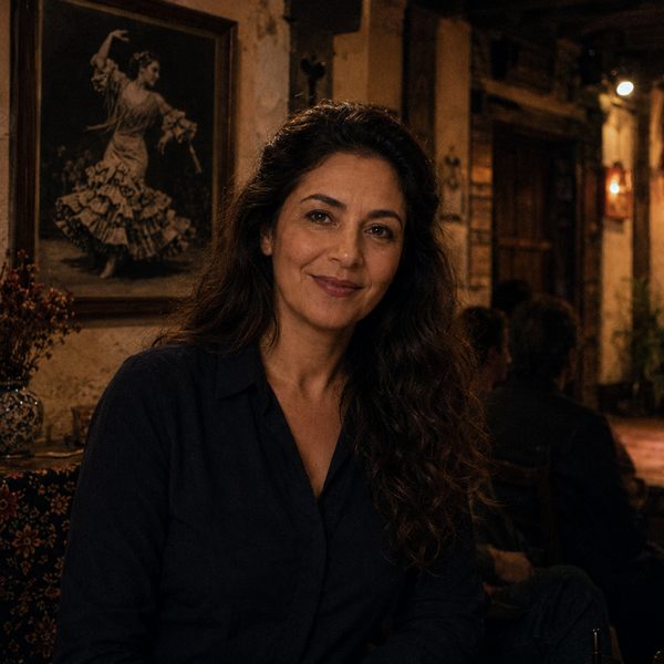 Carmen Ruiz, Seville flamenco show specialist, seated in a tablao with the stage behind her