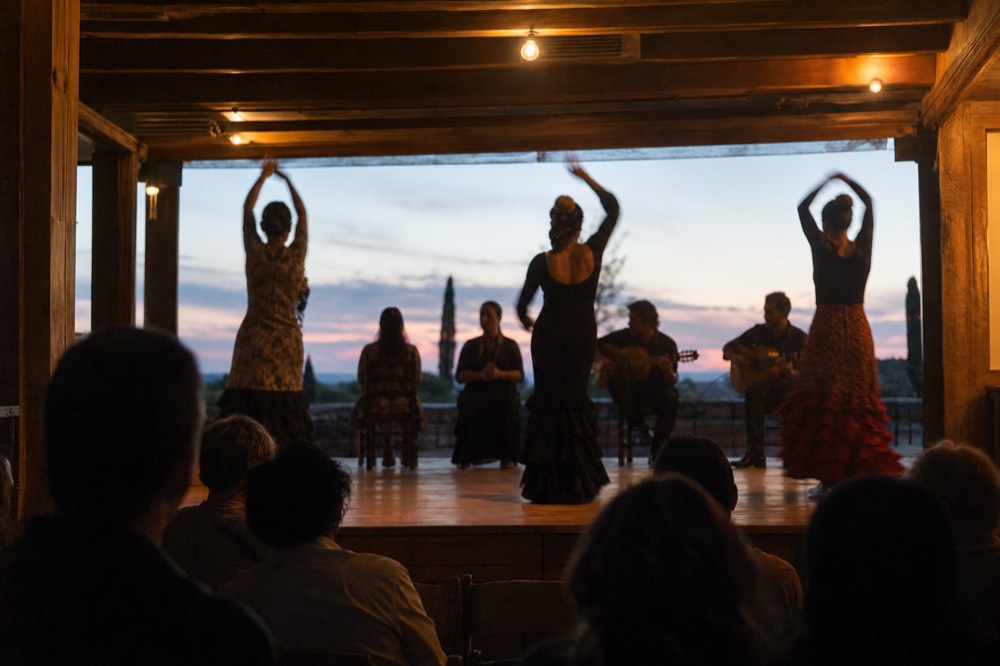 Eight flamenco performers on a wooden tablao stage seen from a back row, three dancers standing, singers and two guitarists seated on chairs behind them