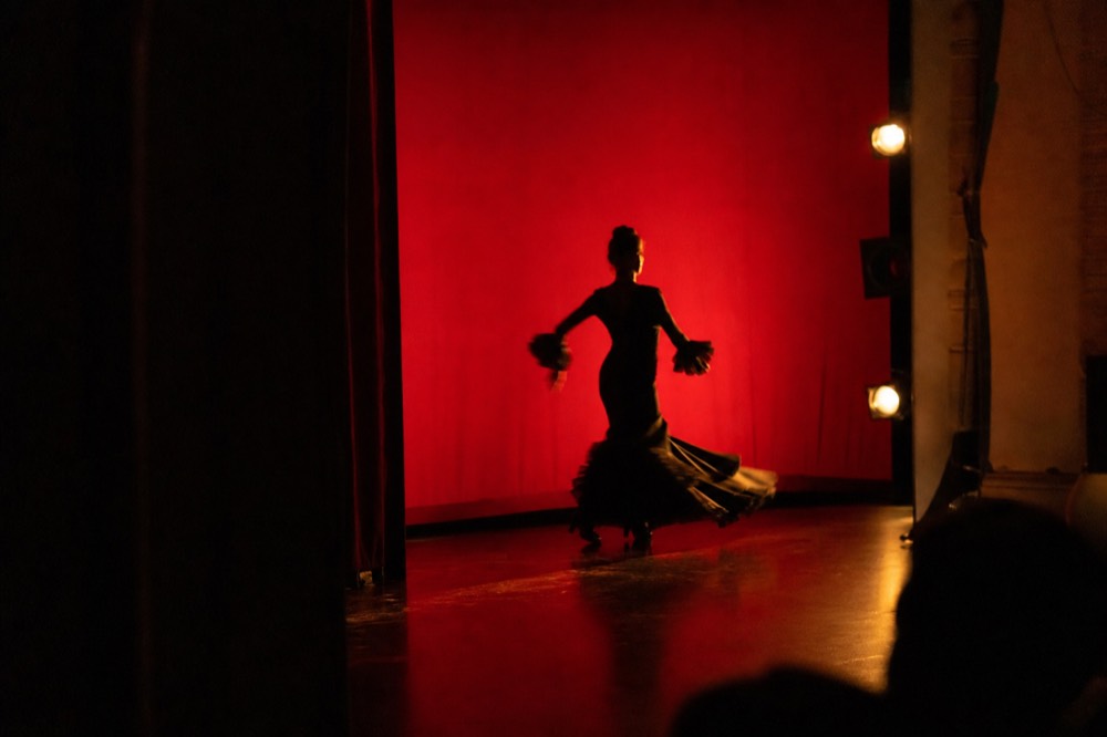 Theater flamenco stage lit from the wings, a silhouetted dancer in a long trained dress caught mid-turn against a deep red backdrop