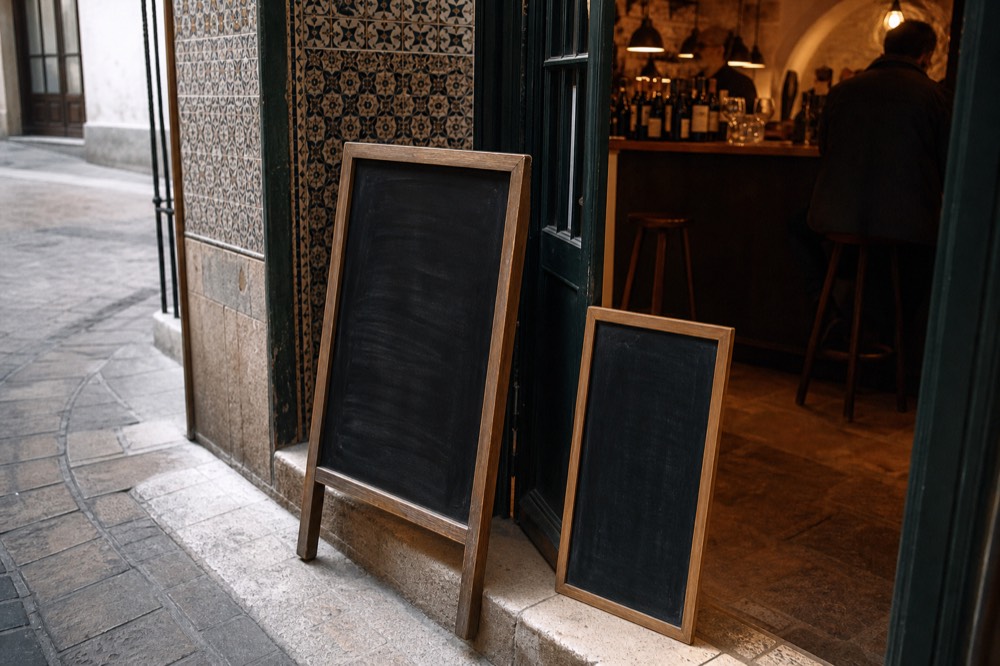 Chalkboard menu and price list propped outside a Seville bar doorway with tiled walls in the background