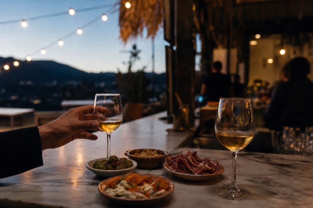 Small plates of Andalusian tapas and two glasses of sherry on a marble bar top, a hand reaching for one, blurred bar interior behind