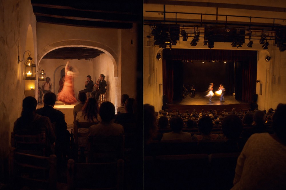 Two views side by side, a small candlelit tablao with chairs an arm's length from the stage and a larger theater auditorium with raked seating and stage lights